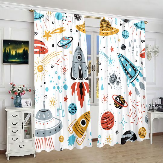 Discover 2 pieces of Cartoon spaceship Rocket printing Window Curtain
