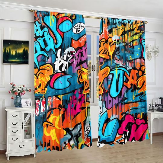 Discover 2 pieces of doodle printing Window Curtain