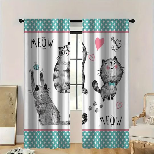 Discover 2PC Cute Cat Curtains with MEOW Print, Teal Polka Dot Borders Window Curtain