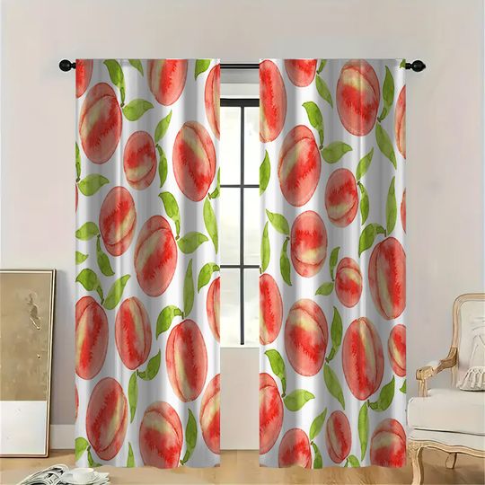 Discover 2PC Peach Watercolor Curtains, White Green Leaf Print Drapes Window Curtain
