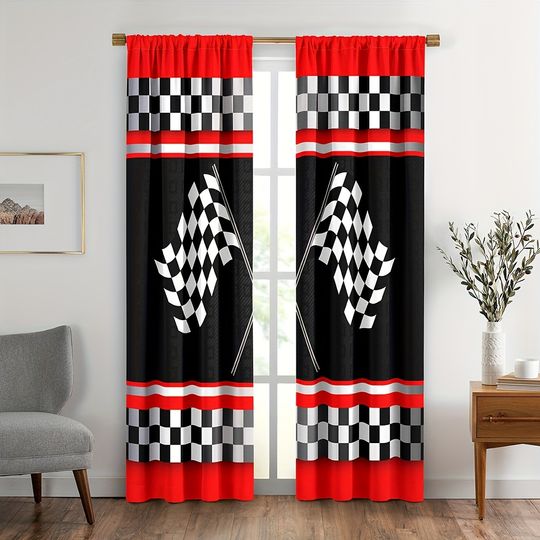 Discover 2pcs Race Car Flag Curtains Black White Checked Crossed Window Curtain