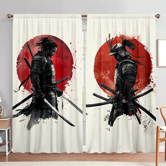 Discover 2pcs Samurai With Ink Painting Style Printed Window Curtain