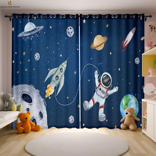 Discover Cute Cartoon Space Astronaut Spaceship Printed Window Curtain