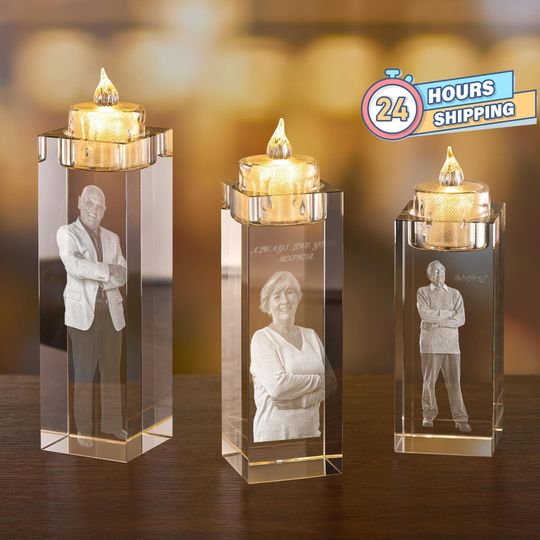 Discover Custom 3D Crystal Photo Candle Holder, Laser Engraved Tealight Holder, Memorial Candle Votive