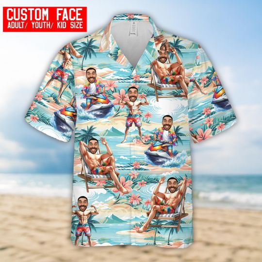 Discover Personalized Tropical Beach Hawaiian Shirt With Face, Custom Photo Beach Theme Button Up Shirt, Funny Beach Party Summer Aloha Shirt For Men