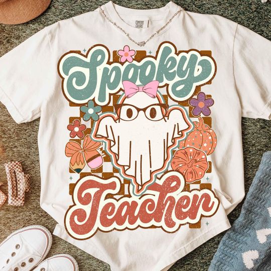 Discover Retro Spooky Teacher Shirt, Cute Ghost Shirt, Spooky vibes Shirt