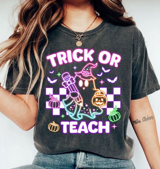 Discover Trick or Teach Shirt, Halloween Neon Teacher Shirt