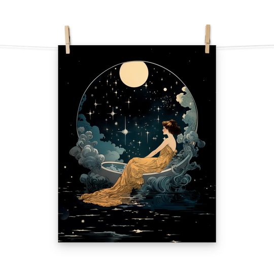 Discover Art Nouveau Celestial Moonlit Bathing Lady Poster