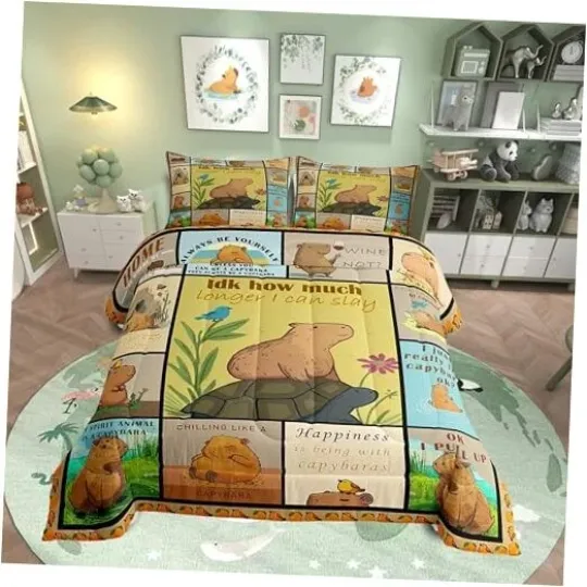 Discover Cartoon Capybara Bedding Set,Funny Capybara Comforter King Black Beige Brown