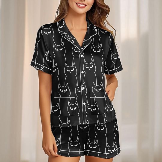 Discover Black Cat Satin Pajamas Short Set, Minimalist Gothic Cat