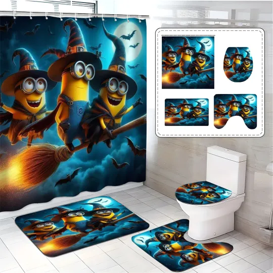 Discover Minions Yellow Cartoon Shower Curtain  Bathroom Set with Lid Cover