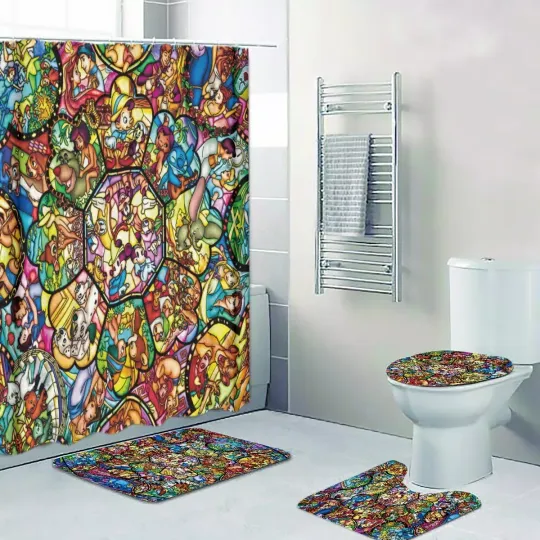 Discover Disneyyy Stained Glass Art Print Shower Curtain Bath Math Toilet Lid Cover Mat
