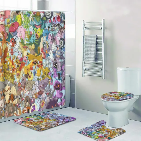 Discover Pika Poket mons Characters Print Shower Curtain Bath Math Toilet Lid Cover Mat