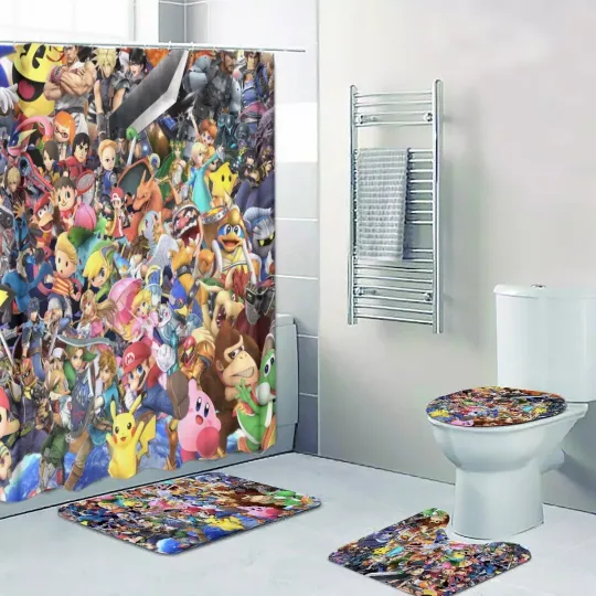 Discover Super Smash Bros Characters Print Shower Curtain Bath Math Toilet Lid Cover Mat