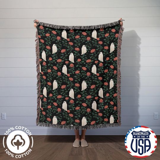 Discover Spooky Ghost Throw Blanket with Floral Rose Pattern, Gothic Halloween