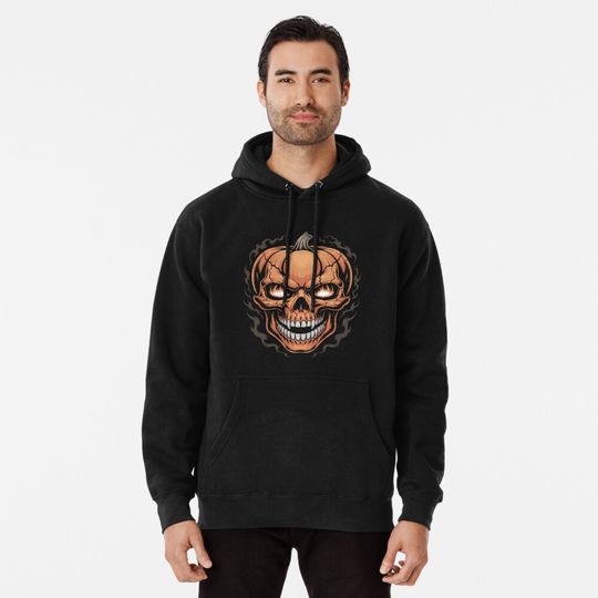Discover Pumpkin Skull Halloween Art – Scary Fiery Face for Spooky Season Pullover Hoodie