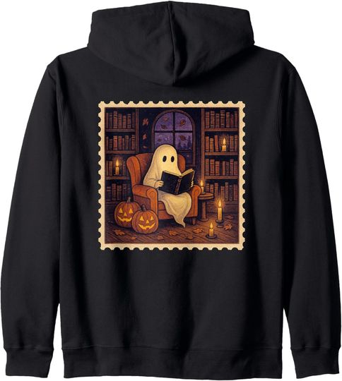 Discover Cozy Ghost Reading Zip Hoodie with Pumpkins and Candles