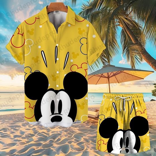 Discover 2025 Mickeyy mouse Button Shirt Cartoon Shirt And Shorts Suit