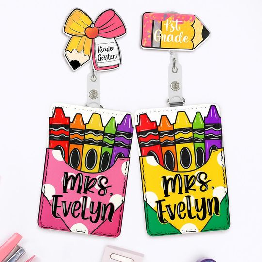 Discover Personalized Teacher Badge Holder Cute Leather ID Holder with Clip Rainbow Star