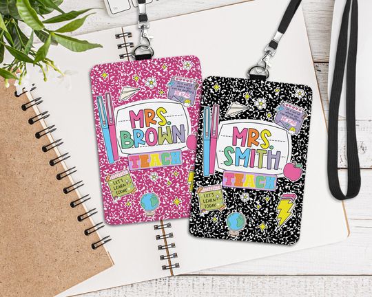 Discover Composition Notebook Teacher Badge Holder, Custom Teacher ID Holder, Personalized Badge Holder, Kindergarten Teacher ID Badge Holder