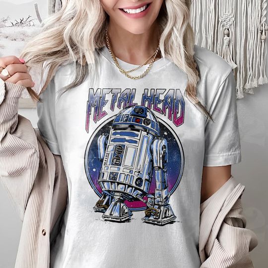 Discover Retro Starr Warss R2-D2 Metal Head Shirt, Starr Warss Droid Portrait T-shirt