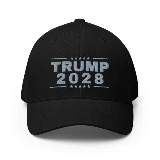 Discover Black Trump 2028 Flex Fit Baseball Cap with Gray Embroidery