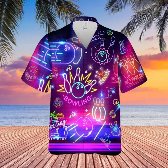 Discover Neon Bowling Club Unisex Hawaiian Shirt Full Size S-5xl 3D.