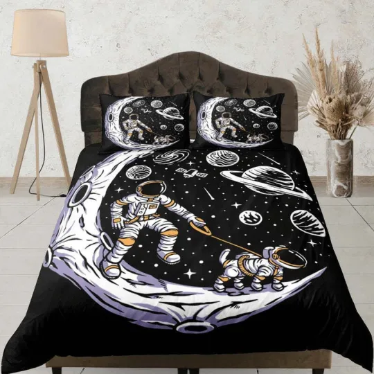 Discover Galaxy Pet Lover Astronaut Duvet Cover Set Bedspread, Kids Bedding with