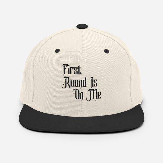Discover Peeled Back University, Embroidered First Round Is On Me, Flat Bill Snapback Hat