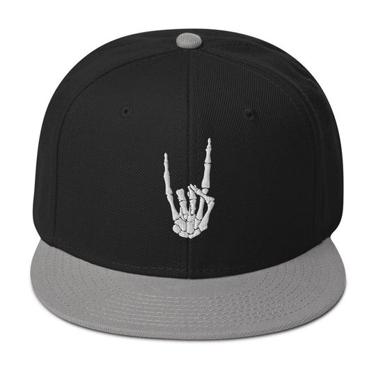 Discover White Bone Hand Devil Horns Metal Sign Embroidered Flat Bill Cap Snapback Hat