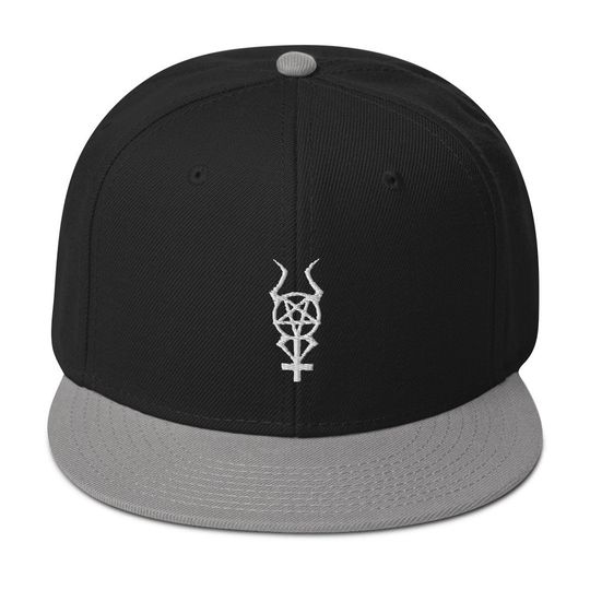 Discover White Horned Inverted Cross Pentagram Embroidered Flat Bill Cap Snapback Hat