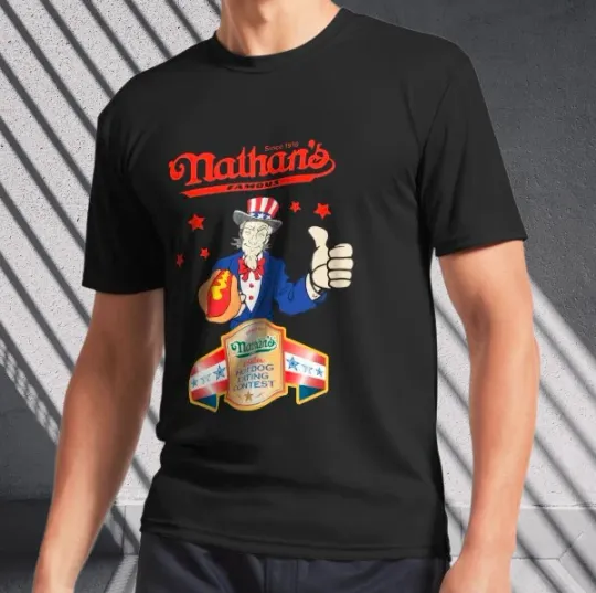 Discover Joey Chestnut Nathans Hot Dog Eating Logo Men's T-Shirt Funny