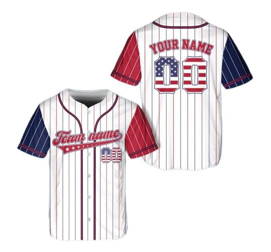 Discover Personalized USA Baseball Jersey, Custom 4th of July Independence Day Patriotic Shirt with Name & Number, Red White Blue Striped Jersey
