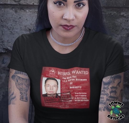 Discover Elon Musk-Rat Political Satire tee, funny political tee, political satire anti DOGE tee, fun elon musk interpol wanted tee