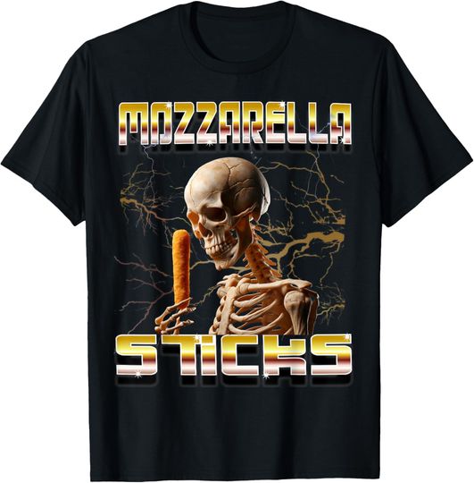 Discover Funny Skeleton T-Shirt with Mozzarella Sticks and Bootleg Rap CD Design