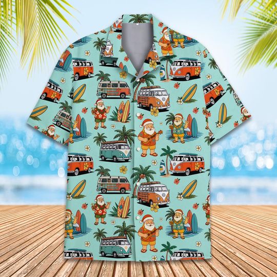Discover Surfing Santa Hawaiian Shirt  Christmas In July Santa Shirt Button Up, Summer Beach Holiday Santa Van Shirt