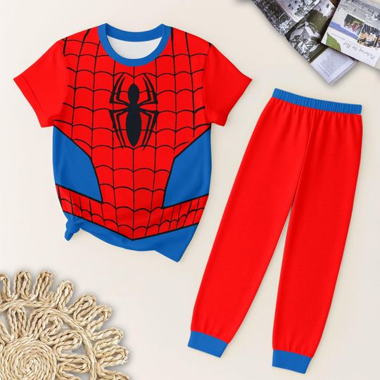 Discover Red Spider Hero Pajama Set for Kids Adults, Superhero Inspired Sleepwear, Red and Blue Costume Outfit for Halloween