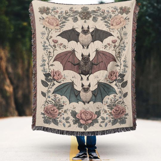 Discover Vintage Floral Bats Art Christmas Woven Blanket, Cute Bat Halloween Blanket, Christmas Halloween