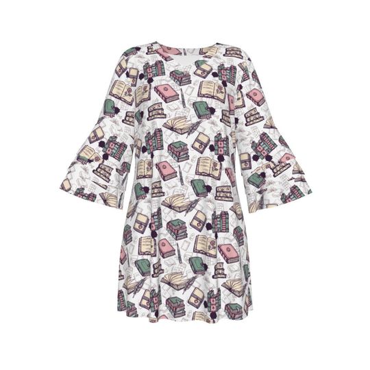 Discover Pretty Book Pattern | Bookworm Library All-Over Print Women's Stacked Ruffle Sleeve Dress