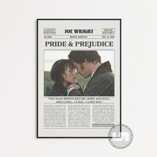 Discover Pride & Prejudice Poster, Joe Wright, Movie Poster, Retro Newspaper, Black White Wall Art, Vintage Retro Art Print, Custom Movie Poster