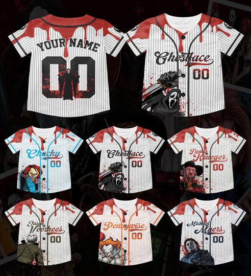 Discover Personalized Horror Characters Halloween Baseball Jerseys, Horror Movies Matching, Horror Halloween Movies Kids Youth Adult Baseball Team