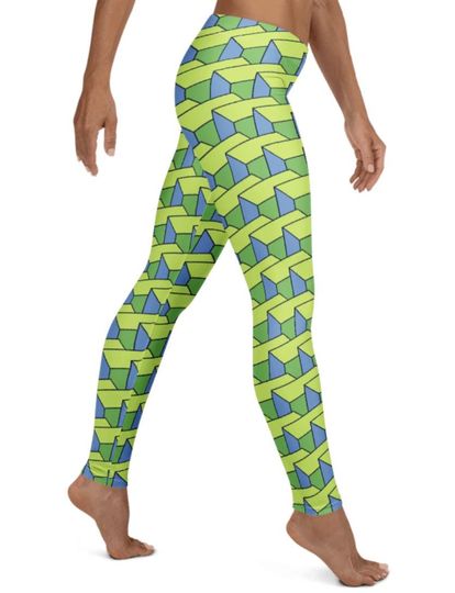 Discover Rubix's Leggings ~Women's Casual Bright Green Blue 3D Abstract Checkerboard Geometric Cube Pattern Graphics Printed