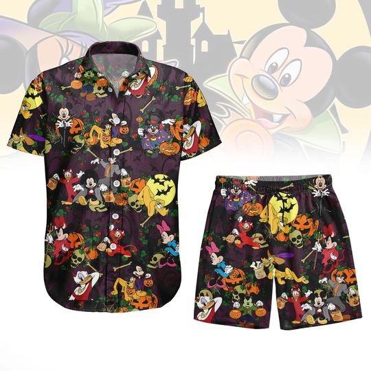 Discover Mickeyy and Friends Halloween Hawaii Shirt/Short, Disneyyy Character Party Button Shirt, Spooky Cartoon Hawaiian Shirt for Men