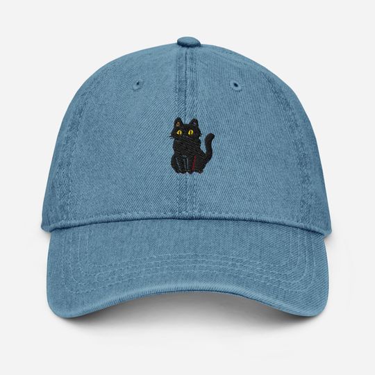 Discover Black Cat Embroidered Denim Hat