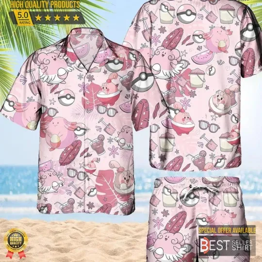 Discover PKM Happiny Hawaiian Pattern Hawaii Shirt Aloha Anime Chansey Button Up Shirt
