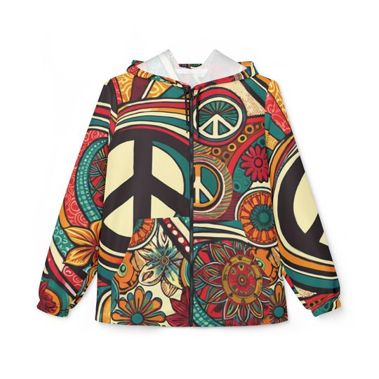 Discover Peace and Love Unisex Windbreaker Jacket with 1960s Hippie Design