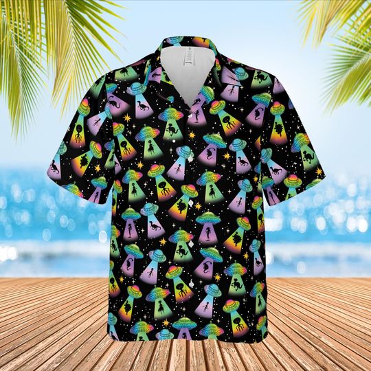 Discover Funny UFO Alien Hawaiian Shirt, Dinosaur Abduction Button Up Shirt