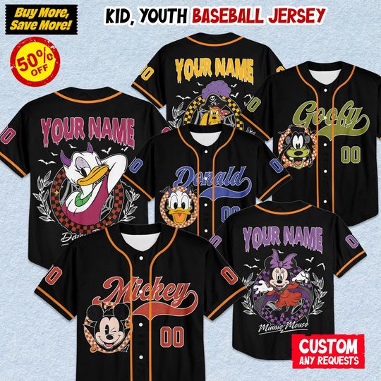Discover Personalize Disneyyy Mickeyy and friends Halloween Baseball Jerseys, Disneyyland Kid Youth Adult Halloween Party, Magicc Kingdom Halloween Jersey