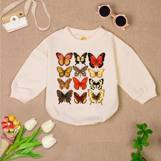 Discover Vintage Butterfly Baby Romper Sweatshirt, Butterfly Botanical Baby Romper, Moth Bodysuit, Future Entomologis Baby Clothes