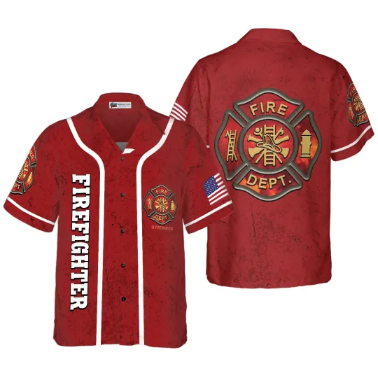 Discover Firefighter Hawaiian Shirt – Red Background with Firefighter Logo & American Flag